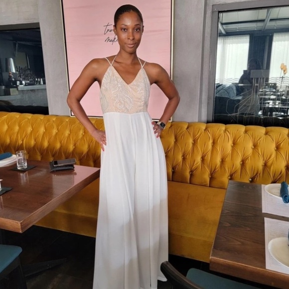 Sequin Detail Jumpsuit Cream + White Flare Wide Leg V-Neck Backless - Picture 9 of 9